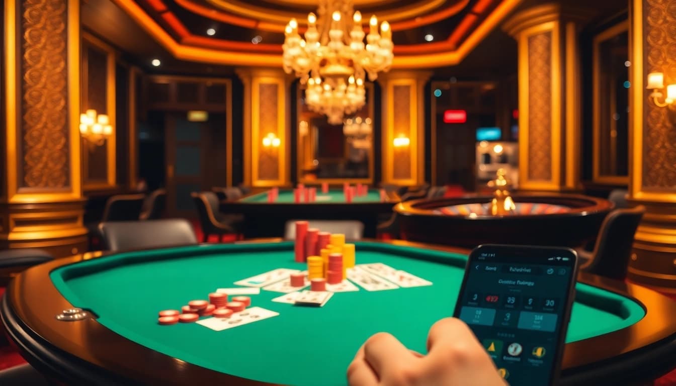Engage in sbobet link alternatif action with poker chips and cards on a vibrant casino table.