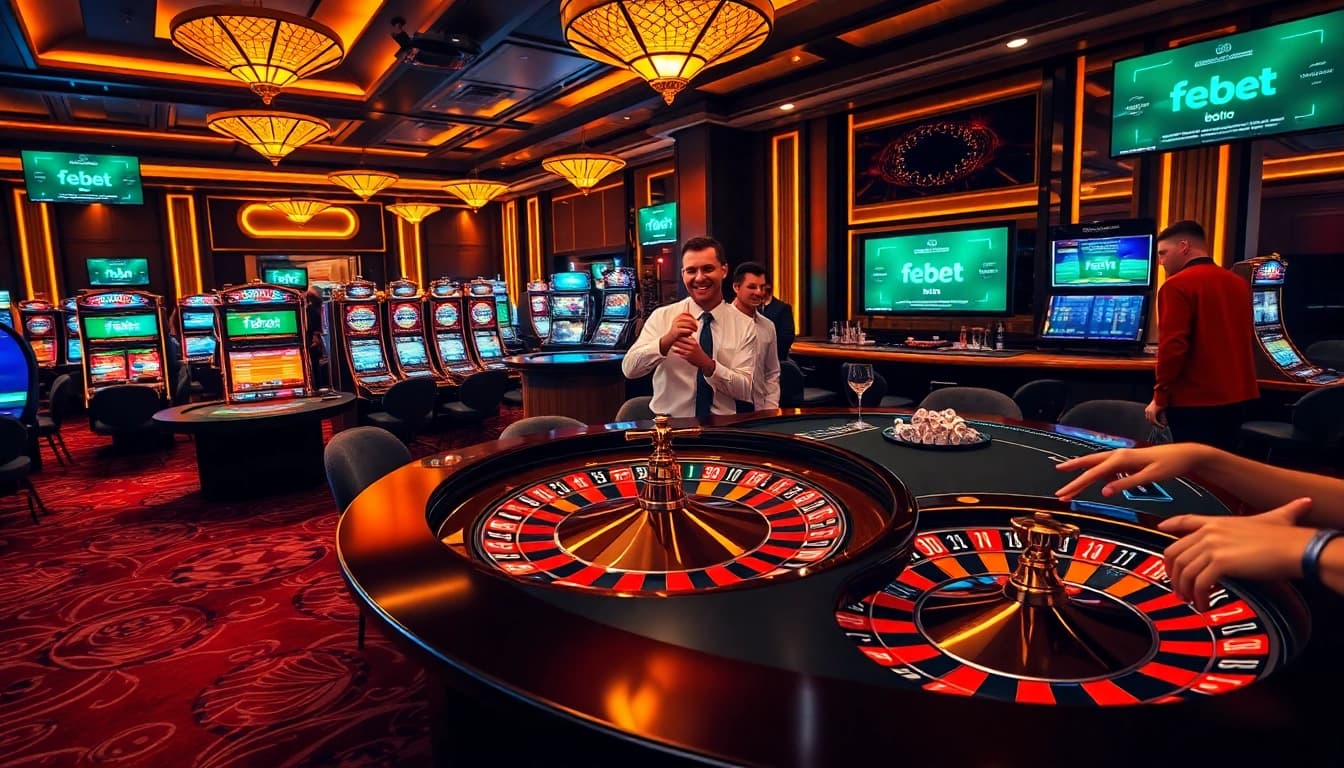 Winning at roulette in a vibrant casino environment linked to https://febet8.com, capturing the excitement and professionalism.