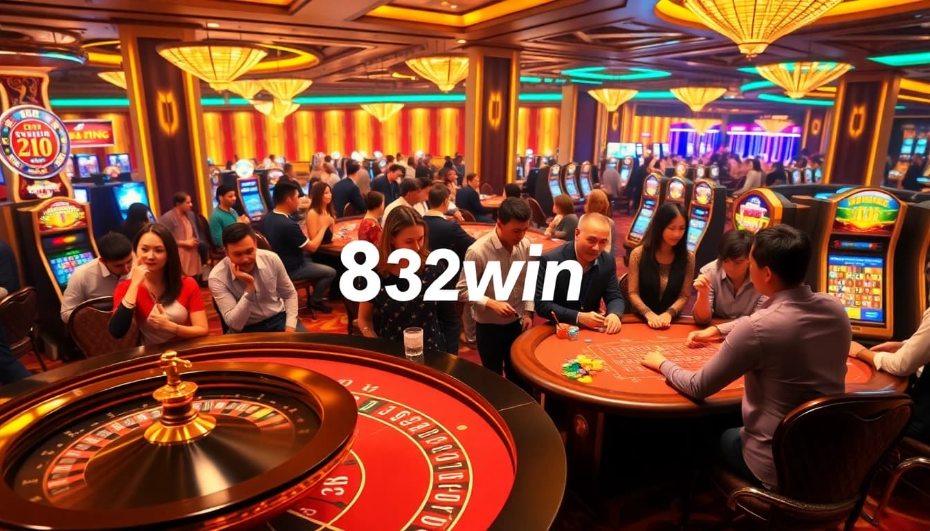 Players enjoying various games at 32win casino, featuring poker chips and roulette wheels in action.