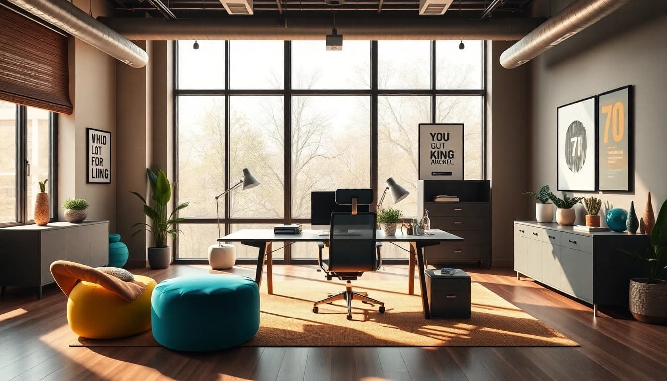 Office interior design highlighting 79king branding elements and modern furnishings.