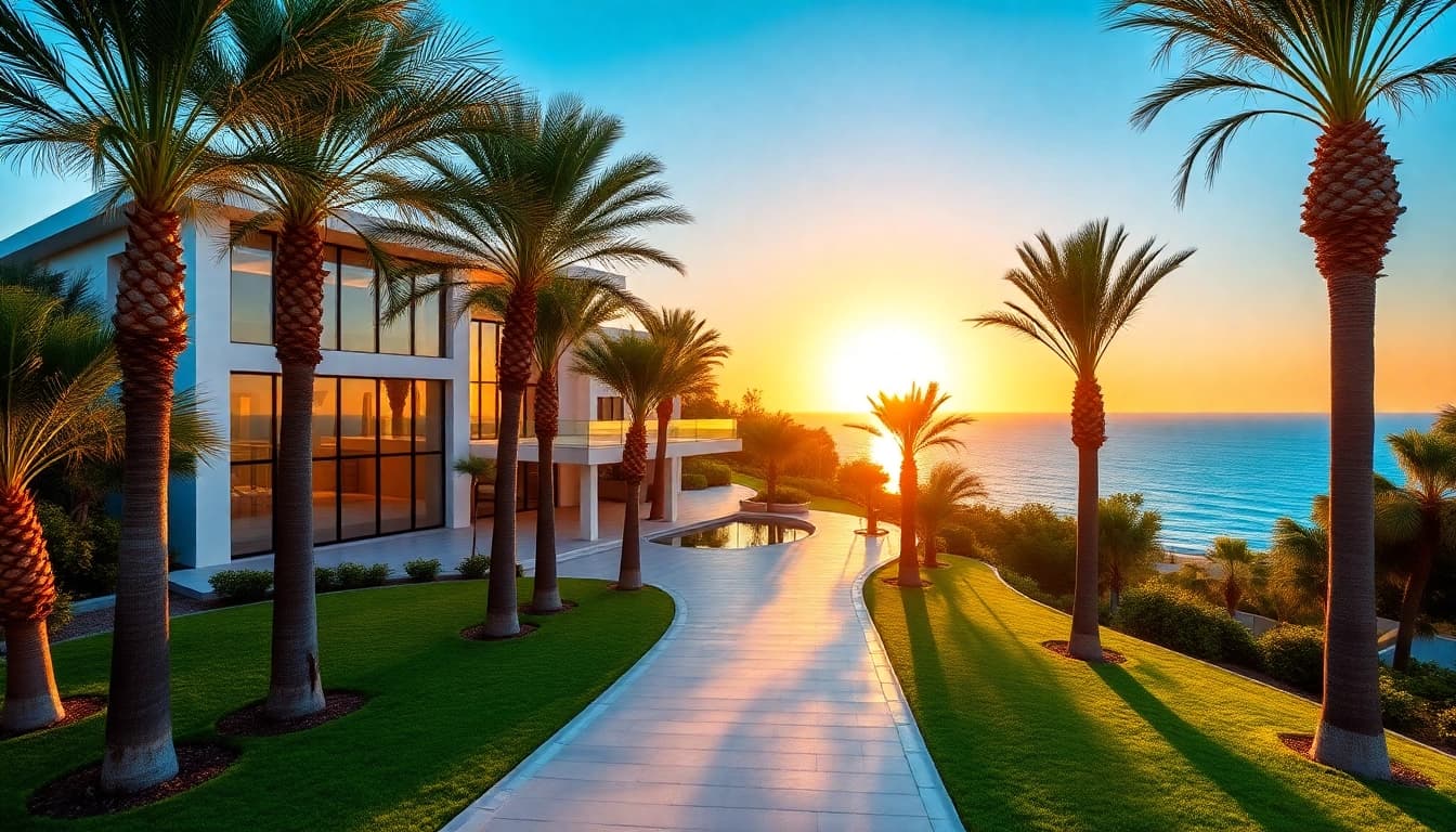 Beautiful villa representing property in turkey alanya, overlooking the Mediterranean Sea at sunset.