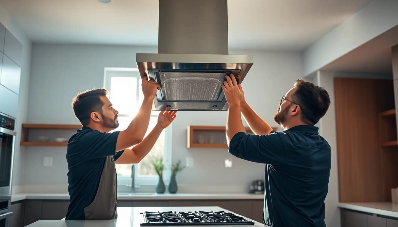 Range Hood Installation by a skilled technician in a modern kitchen setting.
