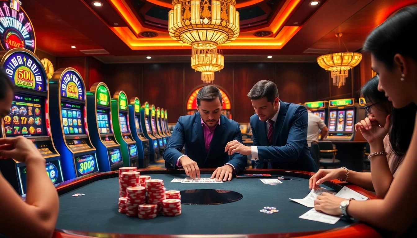 Engaging players at jun88site.com enjoying high-stakes poker and vibrant slot machines.