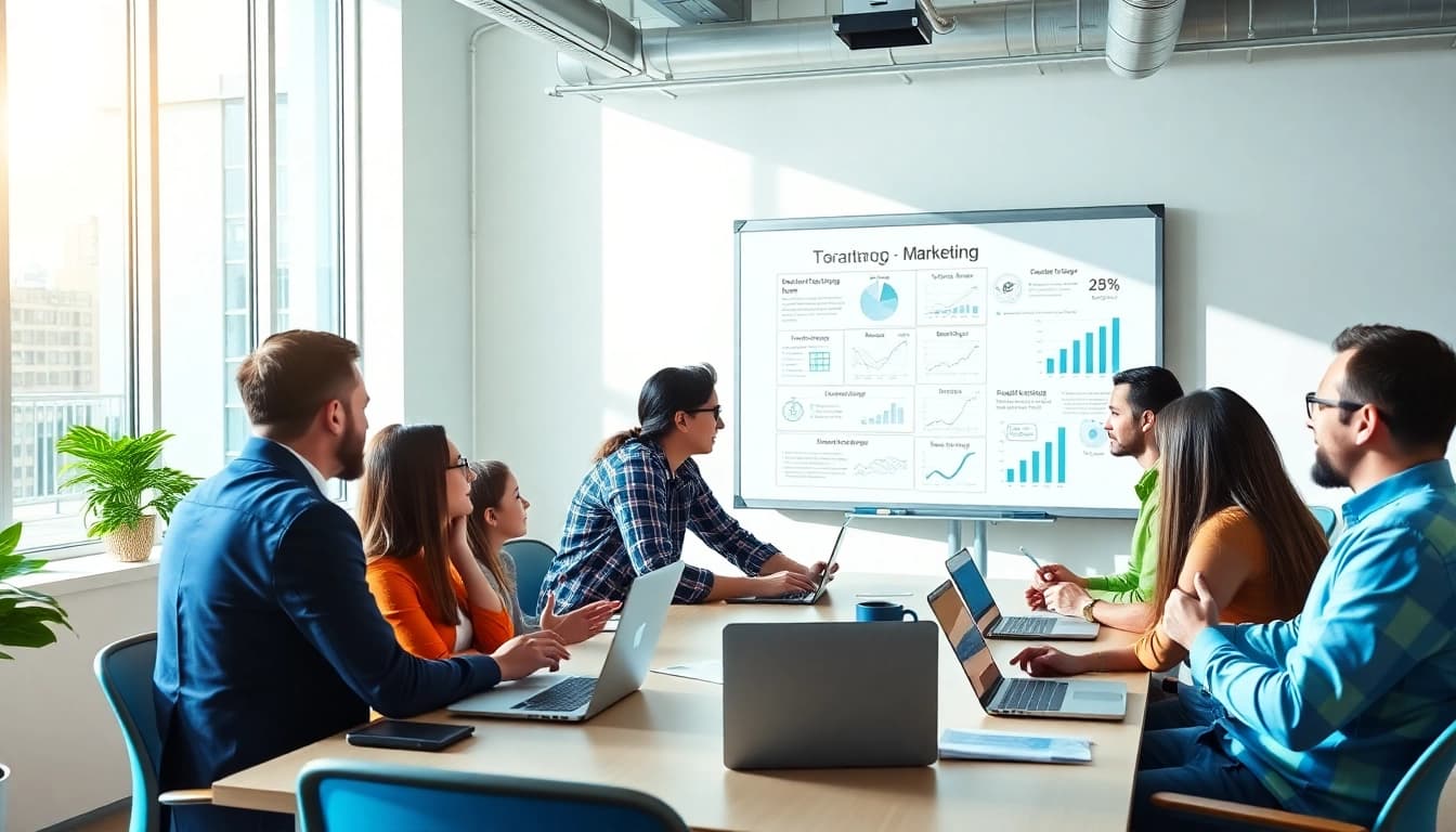 Engaging scene of a team strategizing Good Wolf Marketing ideas in a vibrant office.