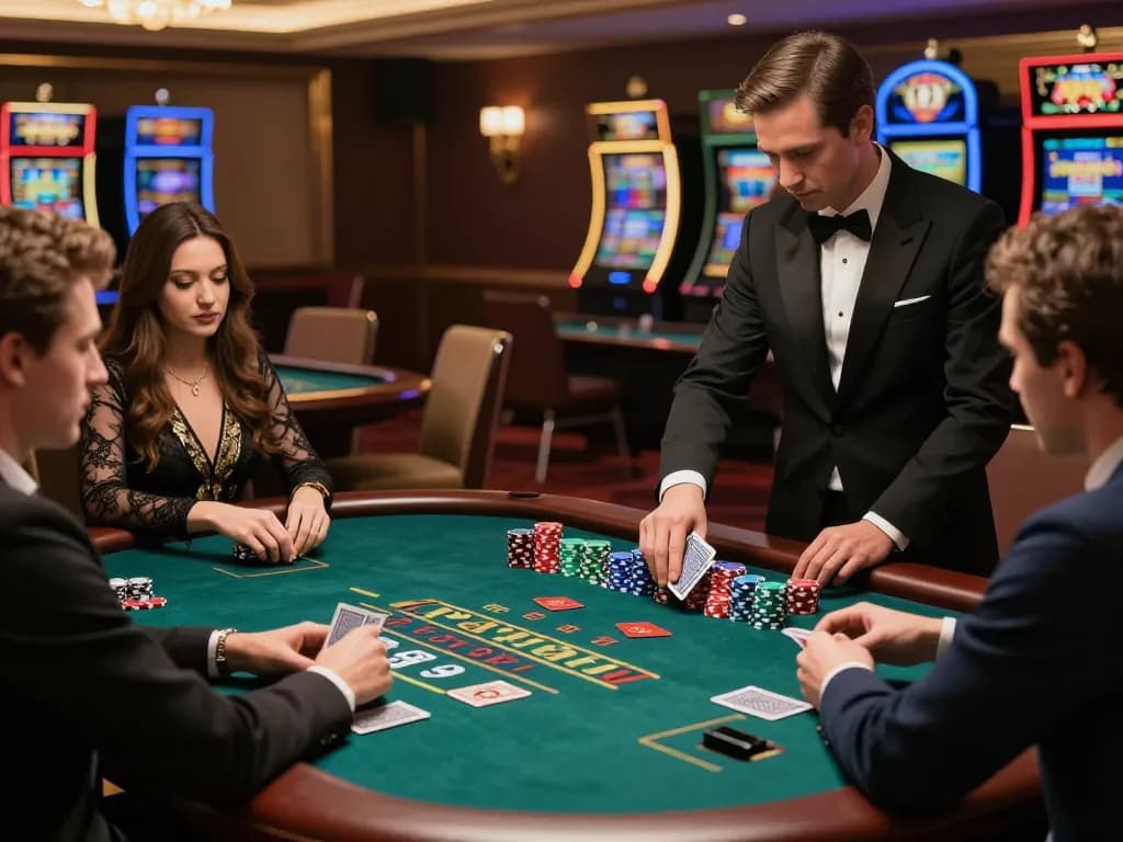 PG88 players making strategic bets at a high-end blackjack table in a luxurious casino atmosphere