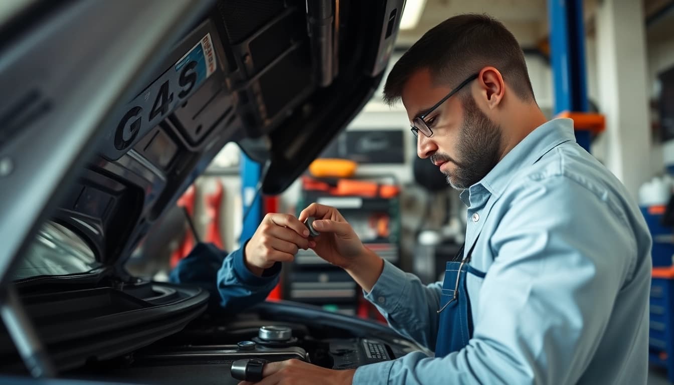 Find skilled mechanic near me inspecting a car in a modern auto repair shop.
