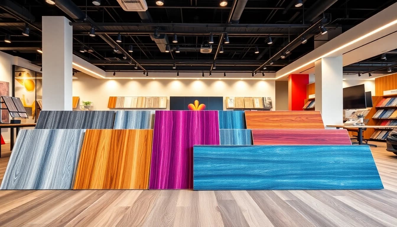 Showcasing stylish vinyl flooring samples highlighting diverse designs and colors.