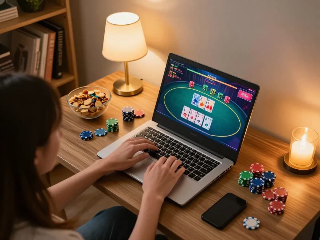 g28 trang chủ engaging in online poker from a cozy home gaming setup with chips and cards visible