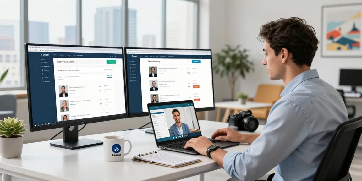 Exploring host agency software in a modern travel agency office, showcasing client interaction.