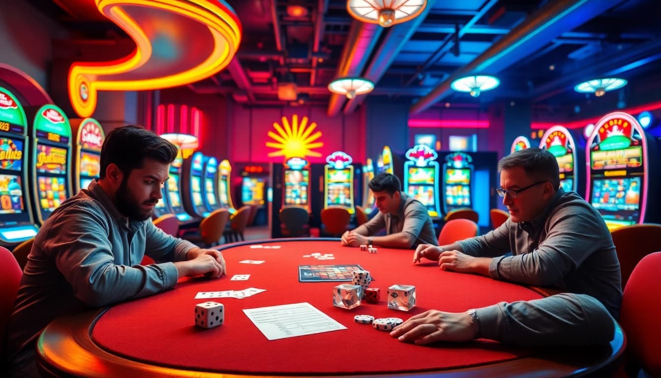 mm88 poker players strategizing in a lively casino scene with vibrant slot machines.