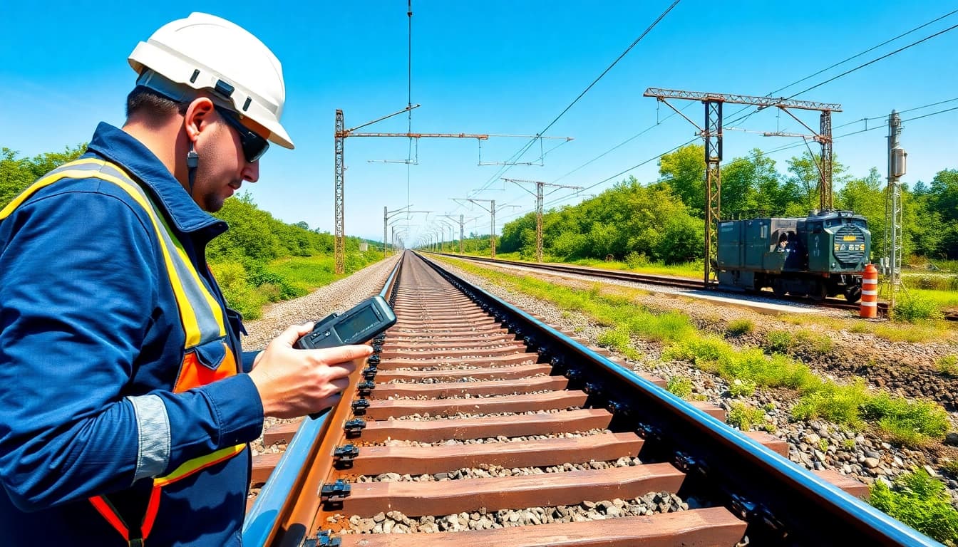 Conducting a Track Inspection with precision tools in a bright outdoor setting.
