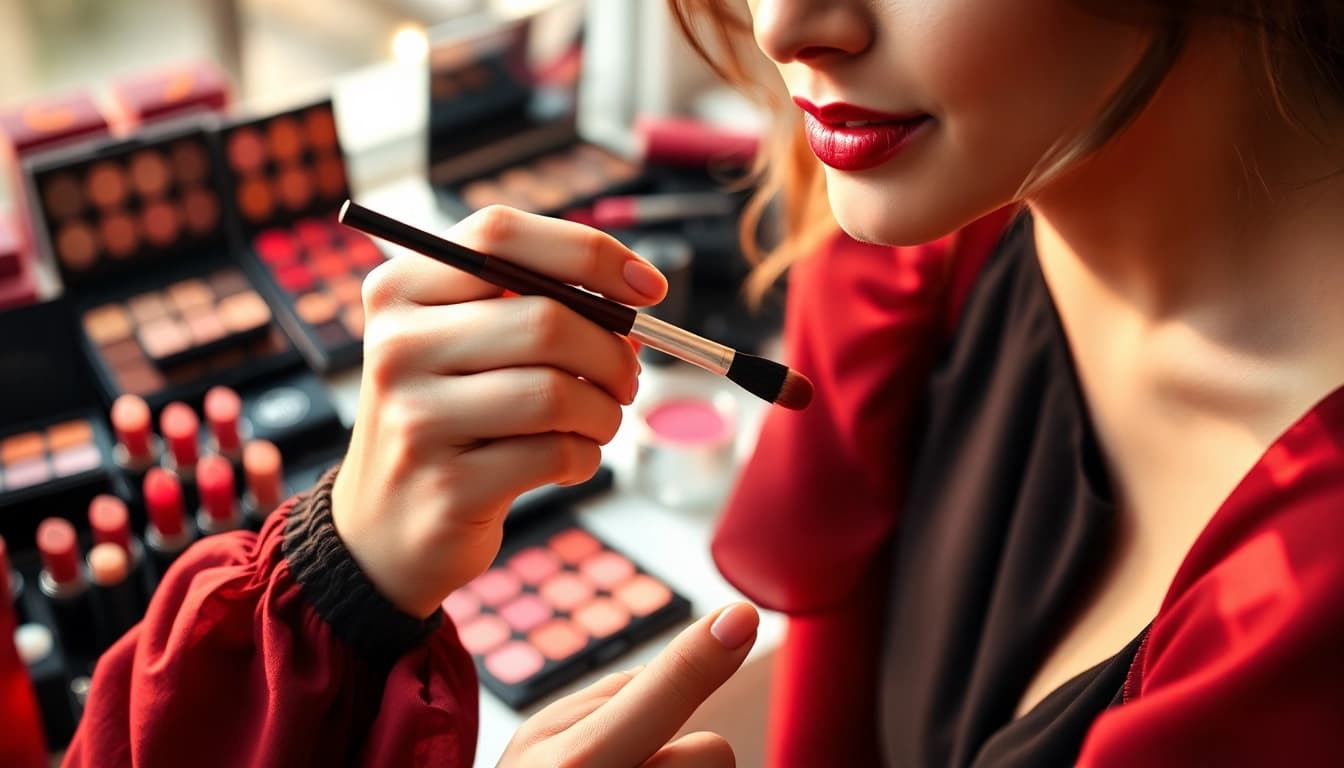 A makeup artist applying lipstick with a lip blending brush, showcasing blending techniques and vibrant colors.
