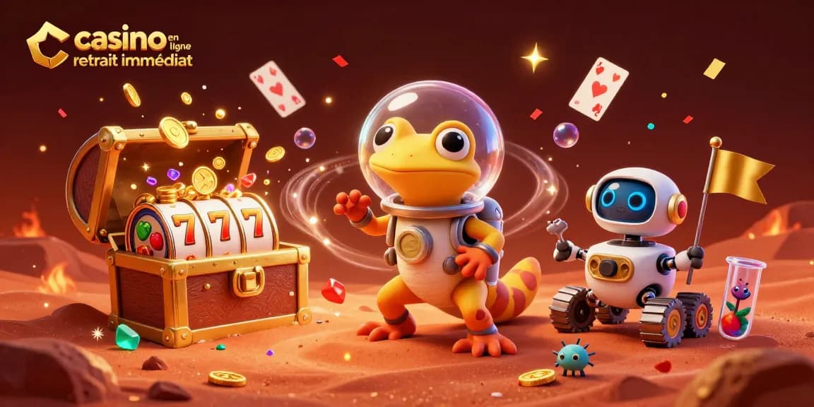 Casino en ligne retrait immédiat avec un gecko martien découvrant un casino doré sur Mars, entouré d'éléments de jeu dynamiques.