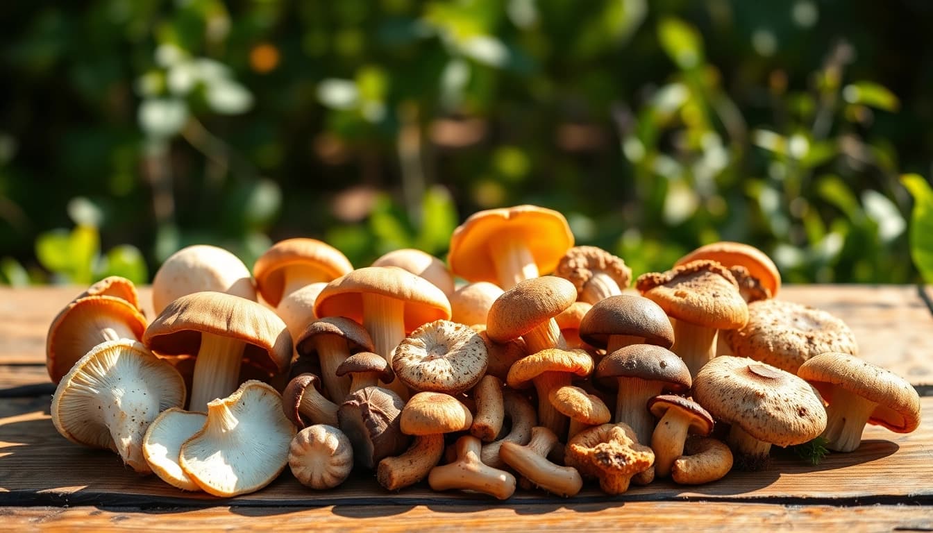Buy mushrooms online Canada with a colorful display of various fresh mushrooms on a rustic table.