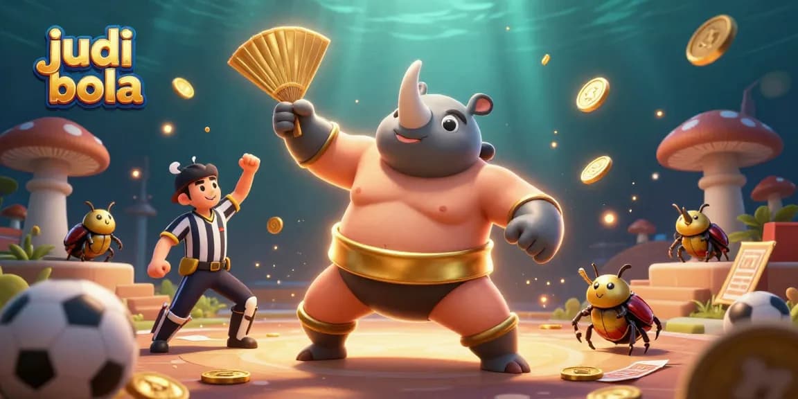 Engage in judi bola with a vibrant 3D scene featuring a beetle champion and sports betting elements.