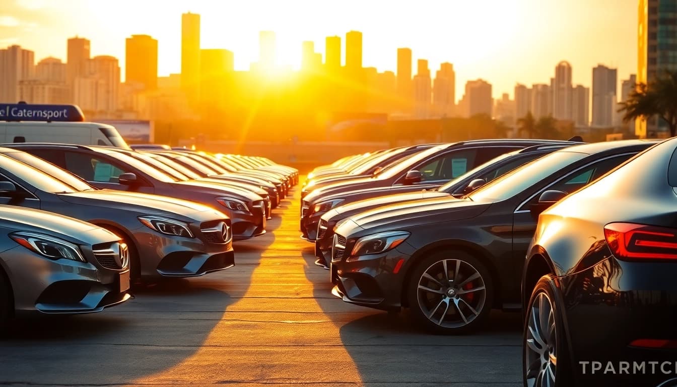 Transporting luxury vehicles by https://luxuryautocarriers.com in an upscale urban environment with vibrant skyline.