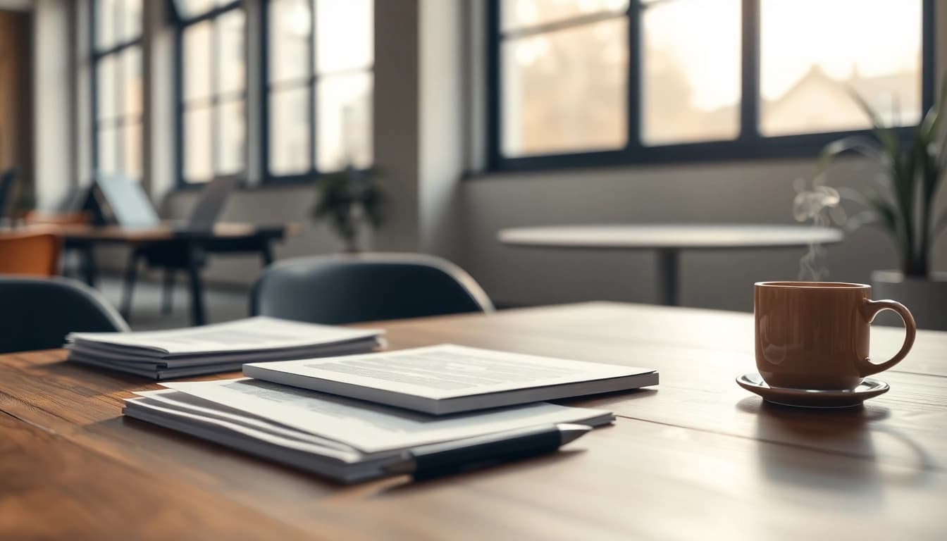 Engaging workspace showcasing Customized Proposal Writing with documents and a laptop on a desk.
