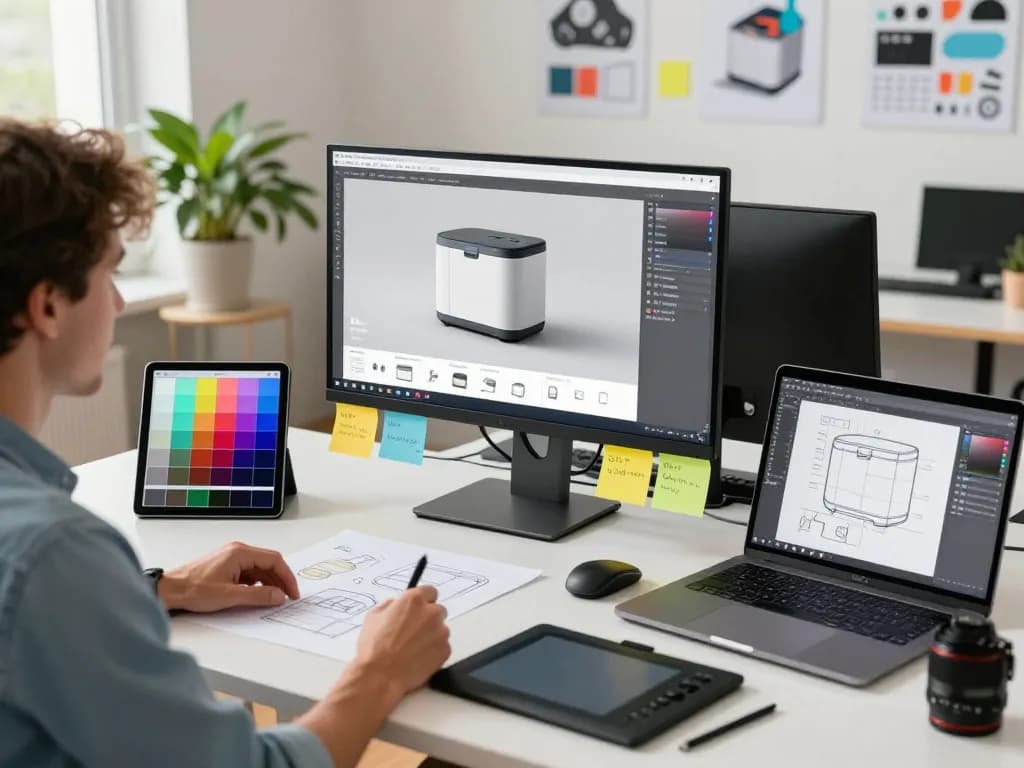 Interactive 3D product configurator software design in a modern office with vibrant tools and creative ambiance.
