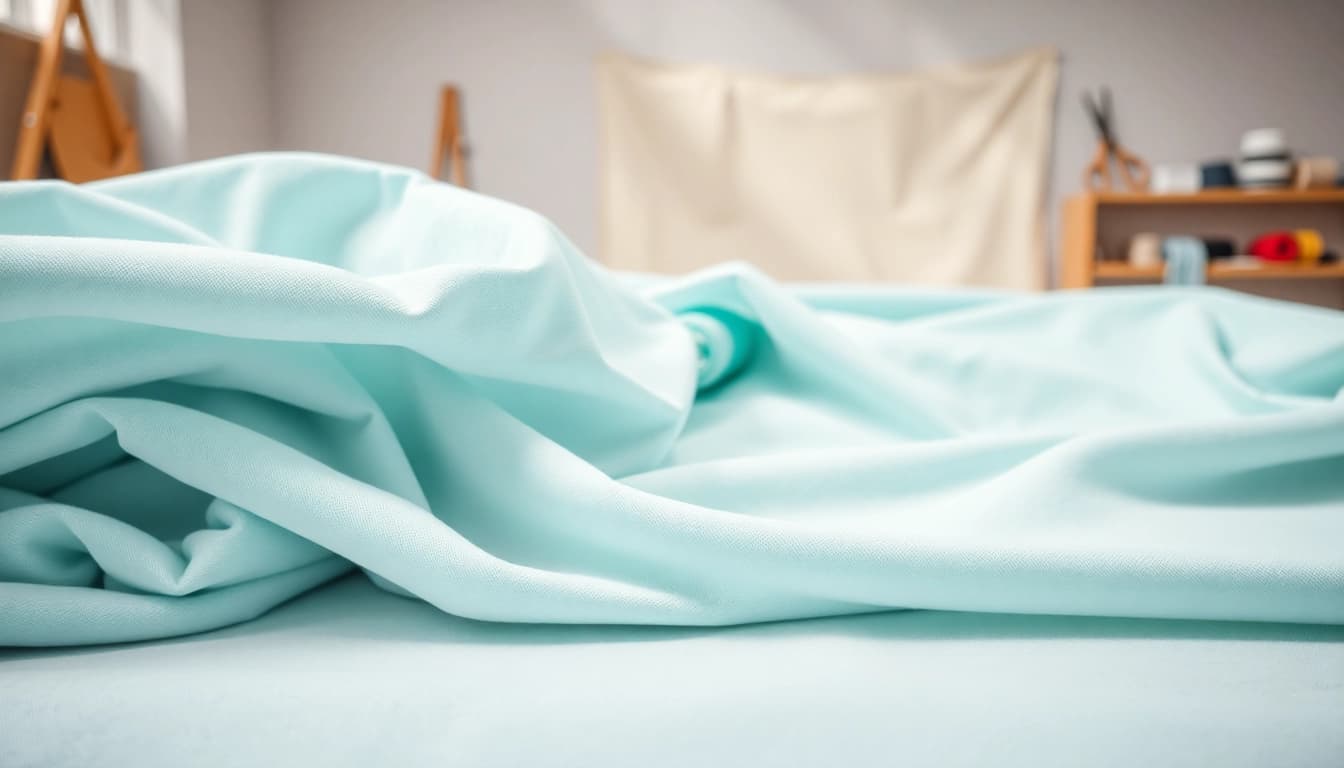 Vind goedkope katoen in een veelzijdige textielstudio met kleurrijke stoffen en gereedschappen.