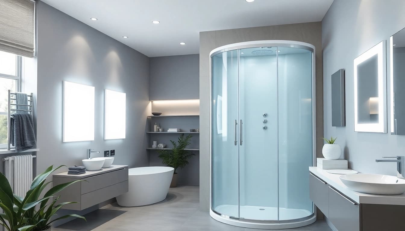 Améliorez votre salle de bain avec la cabine de douche moderne sirhona et des miroirs LED.