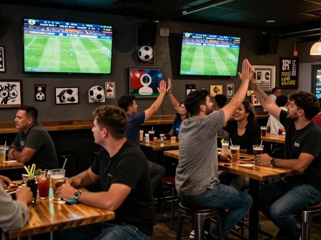Cakhia tv users enjoying live football betting in a lively sports bar atmosphere