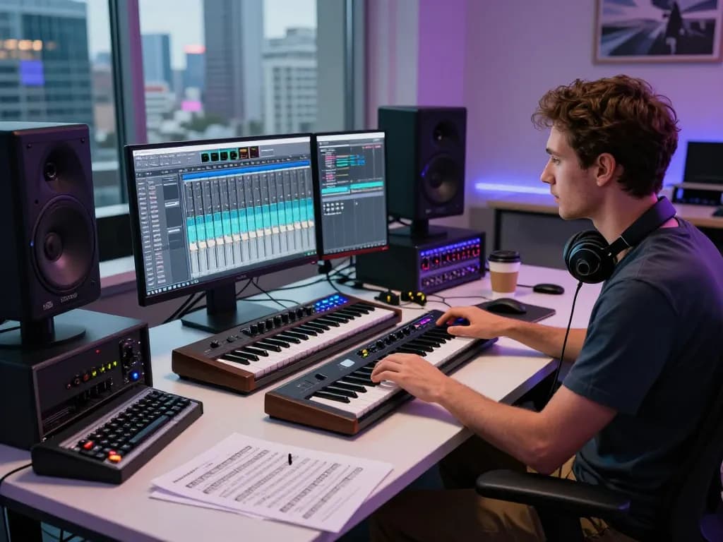Sound engineer working with SC88 synthesizer in a modern studio setup