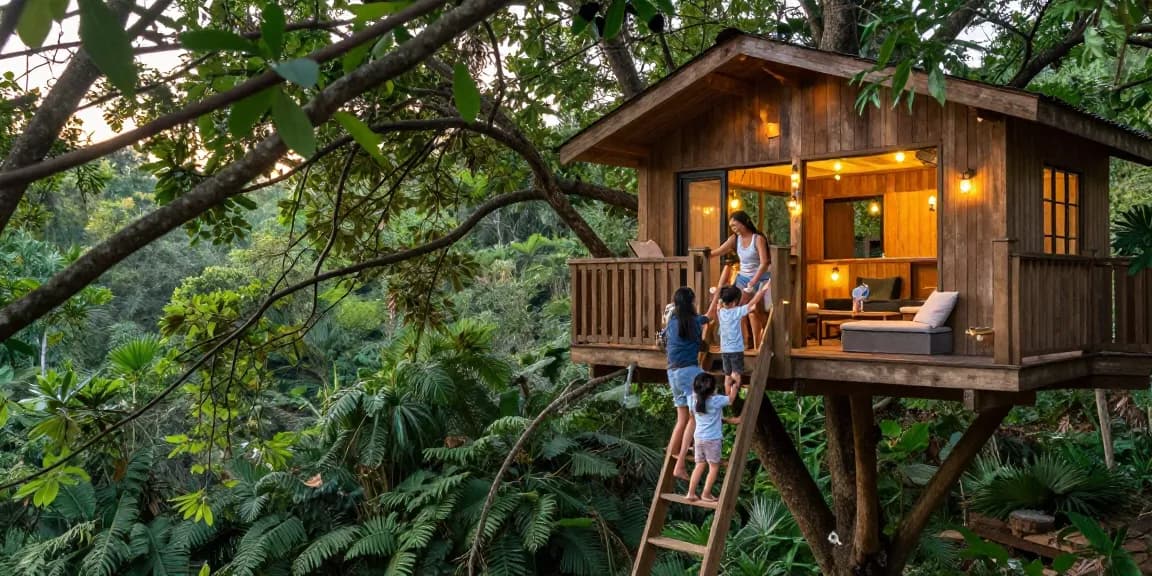 Family enjoying time in charming treehouses surrounded by lush greenery.