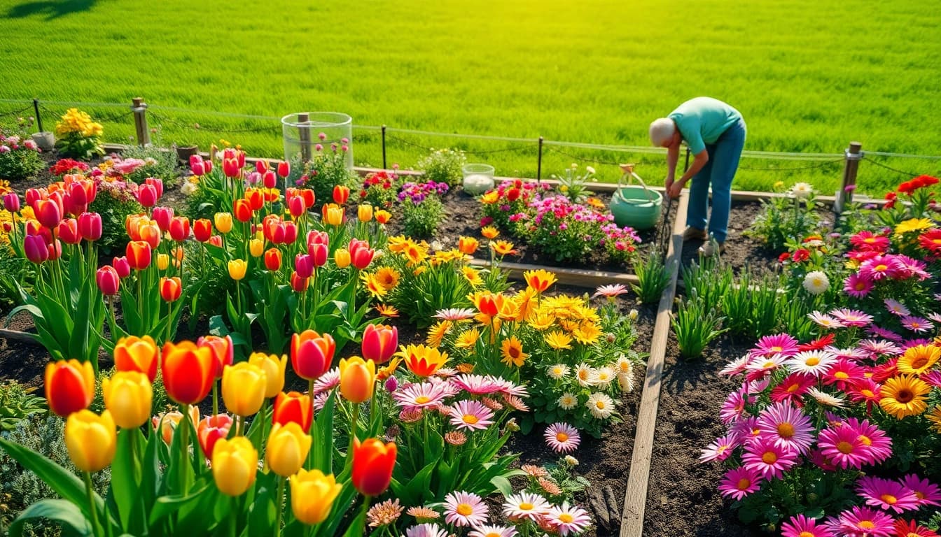 Engaging gardener in a blooming garden showcasing effective Gardening strategies with vibrant flowers.
