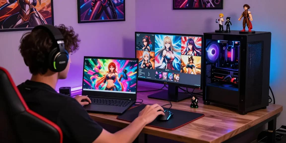 Player enjoying a hentai game in a vibrant gaming setup with RGB lighting.