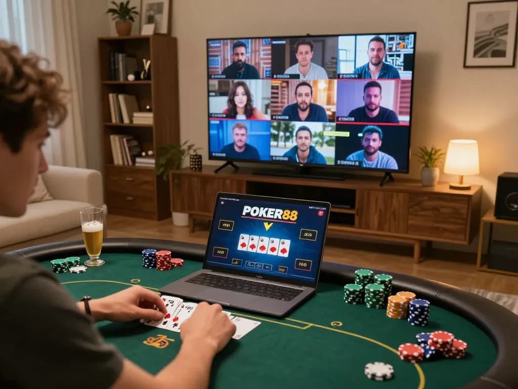 Engaging player enjoying POKER88 poker game on a laptop in a cozy home setting.