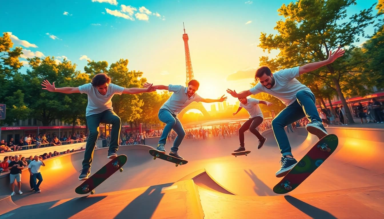 Skateboarders showcasing impressive tricks at Ecole de skateboard Paris in a lively skatepark atmosphere.