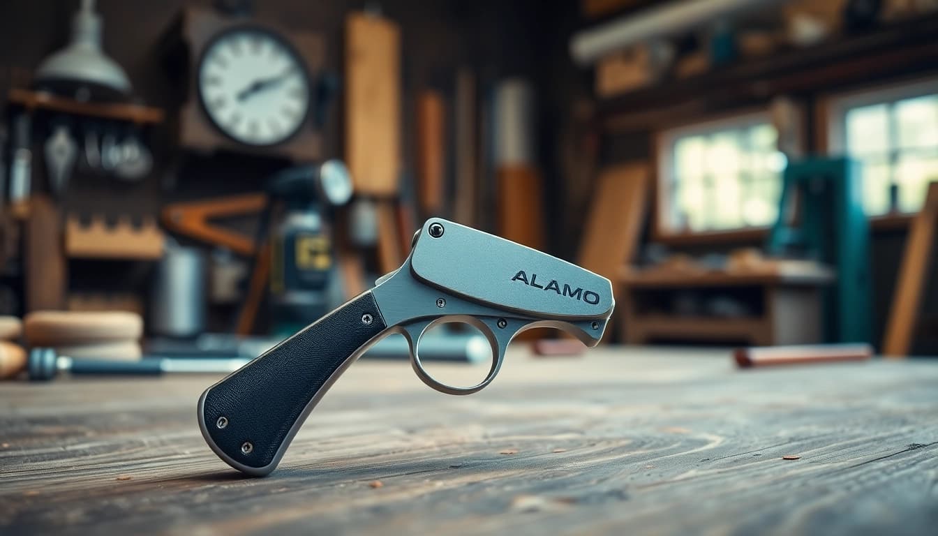 Examine an Alamo trigger highlighting its precision craftsmanship on a wooden workbench.