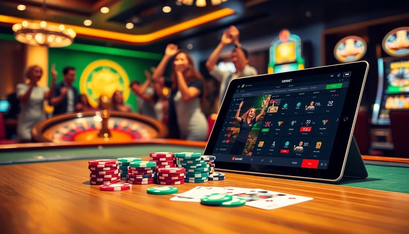 Experience sbobet online betting alongside vibrant casino elements, winning chips, and exciting players.