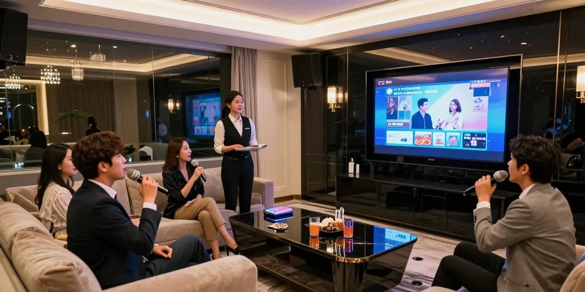강남쩜오의 고급스러운 룸살롱에서 손님들이 즐겁게 노래하며 전문 직원의 응대를 받는 모습