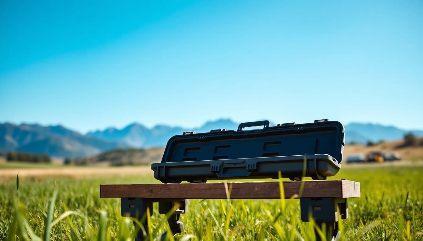 Secure and stylish pelican rifle case on a shooting bench in an outdoor range.