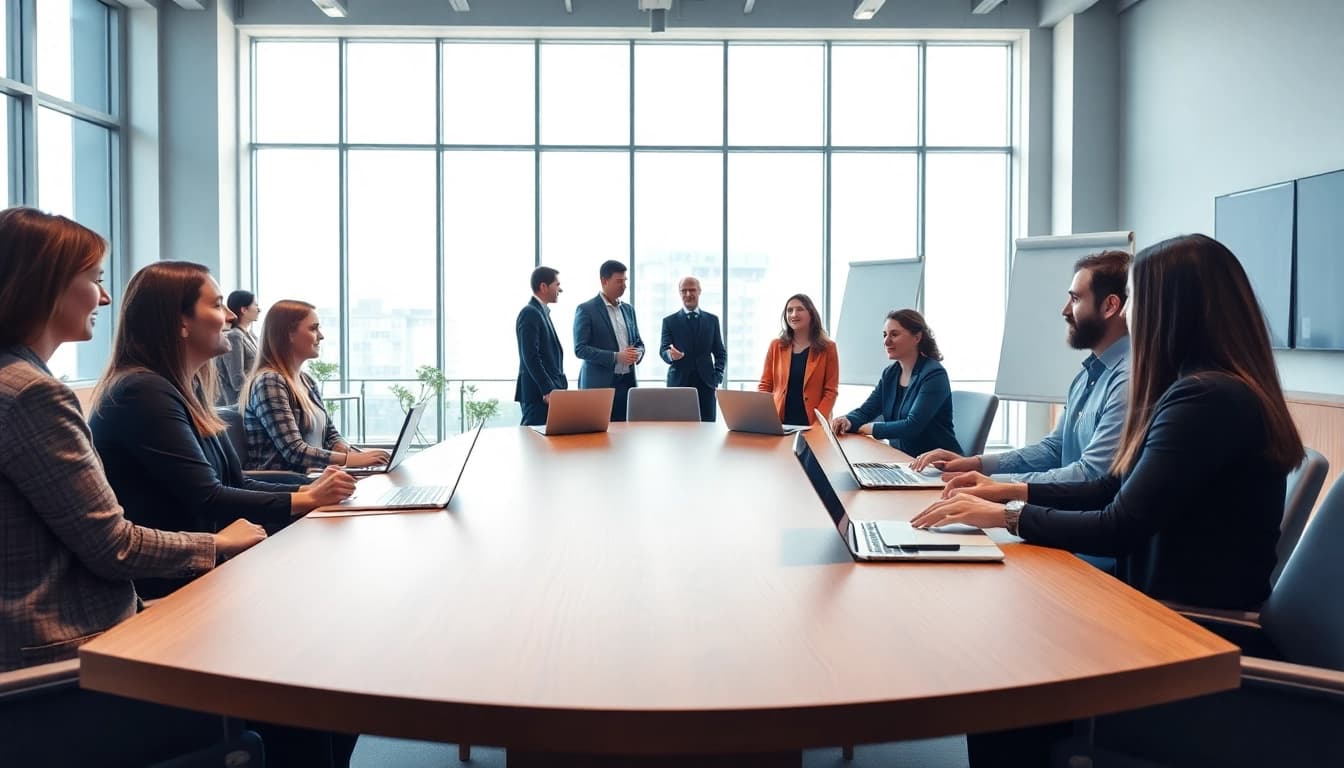 Enhance understanding of https://valuesfirst.com with a vibrant business meeting in a modern office.