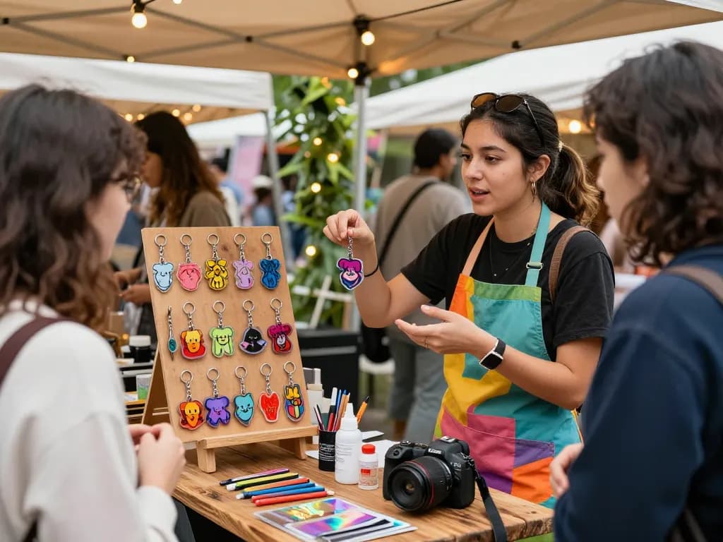 Custom acrylic keychains displayed at a vibrant marketplace, showcasing colorful designs and customization tools.