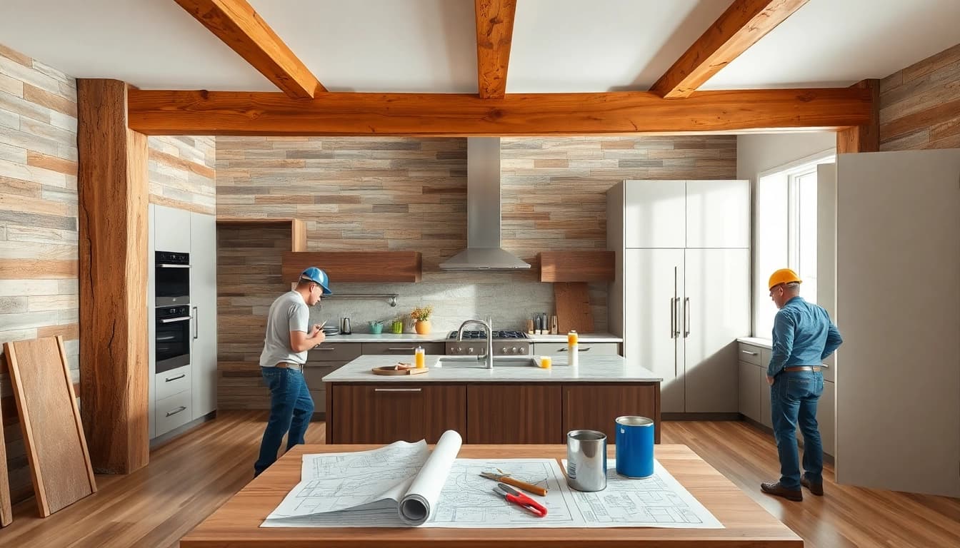 Transforming a home renovation with contractors in a modern kitchen remodel.