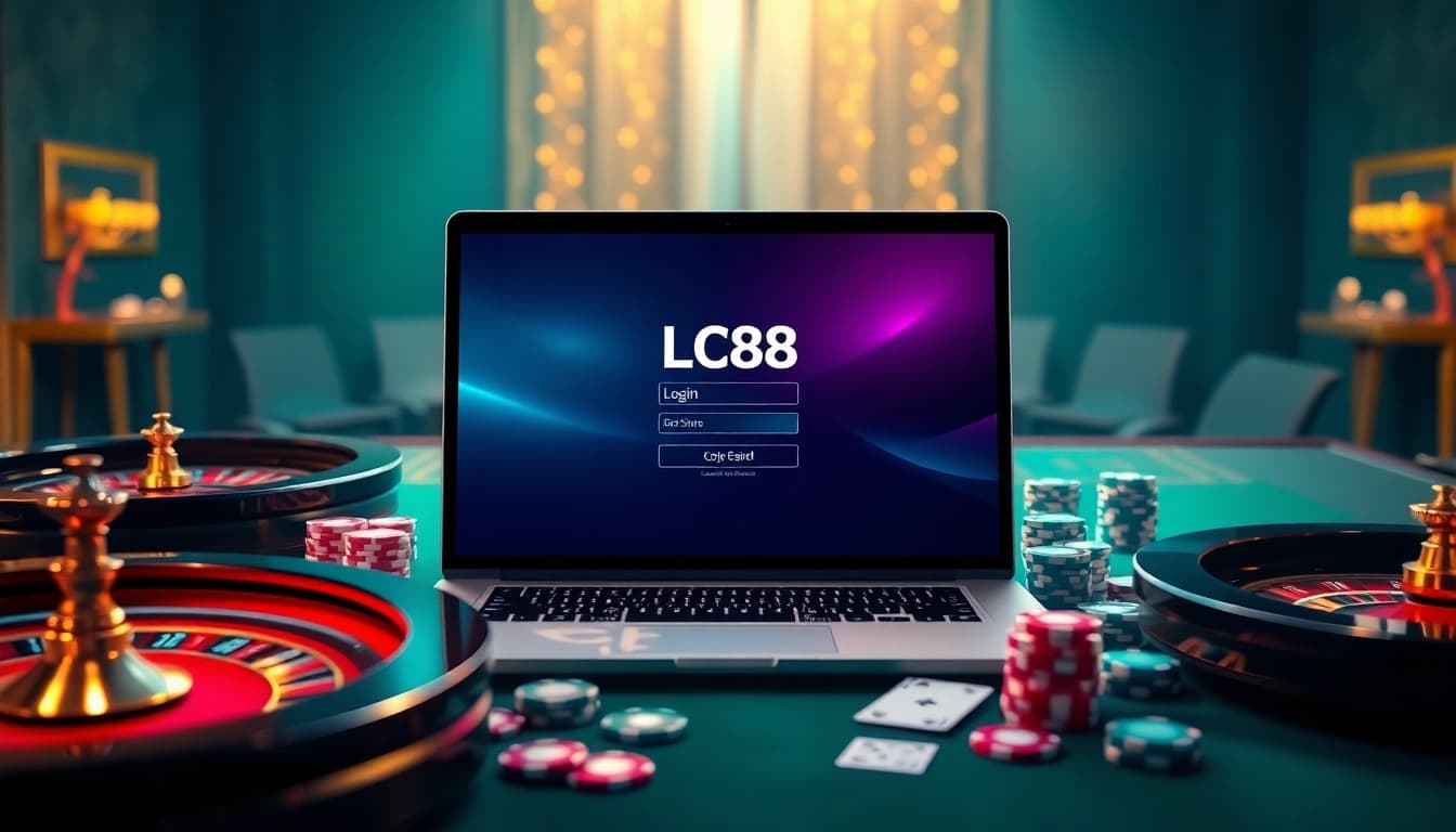 lc88 đăng nhập on a laptop surrounded by colorful casino elements like poker chips and cards
