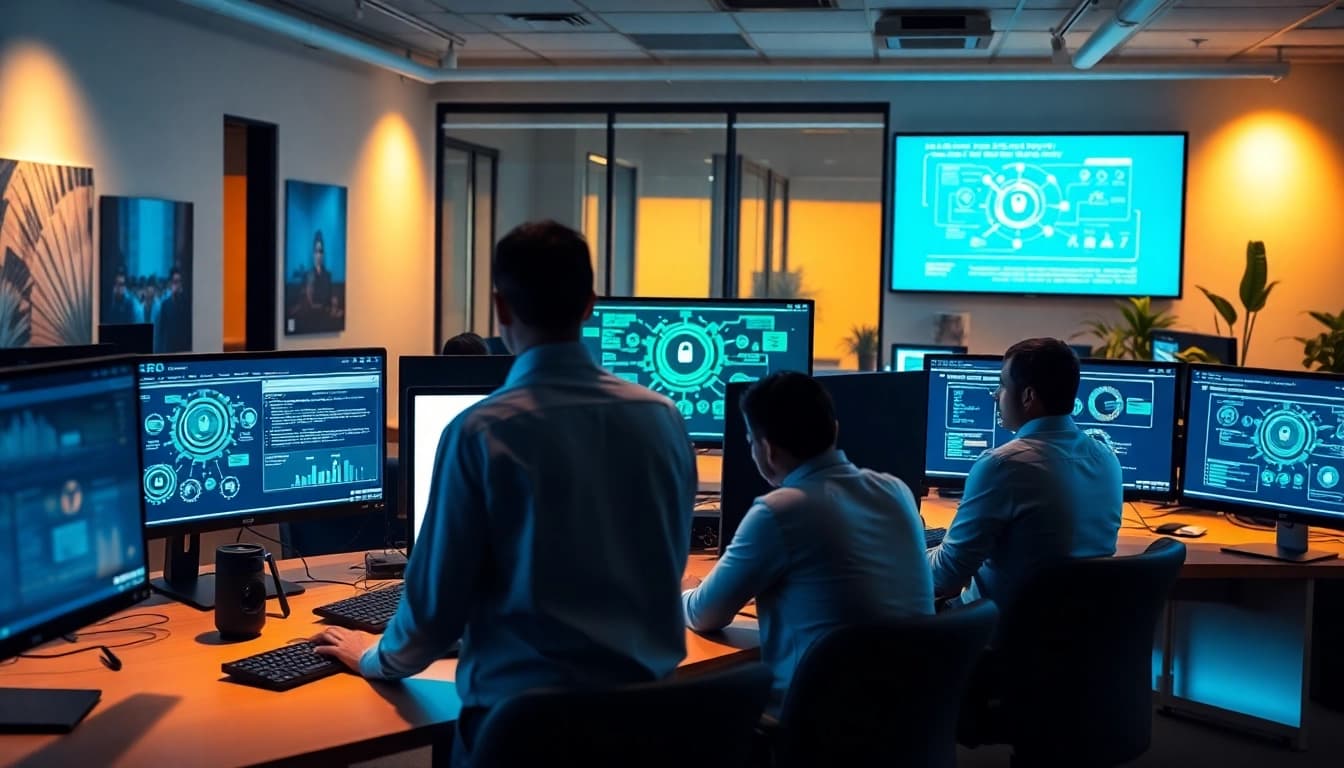HERO Managed Services Tampa team collaborating in a modern IT office environment, showcasing innovation and cybersecurity.