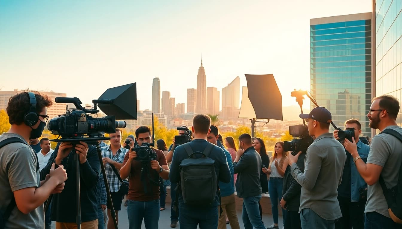 Engaged crew filming at a leading Video Production Company Phoenix, showcasing dynamic urban scenery.