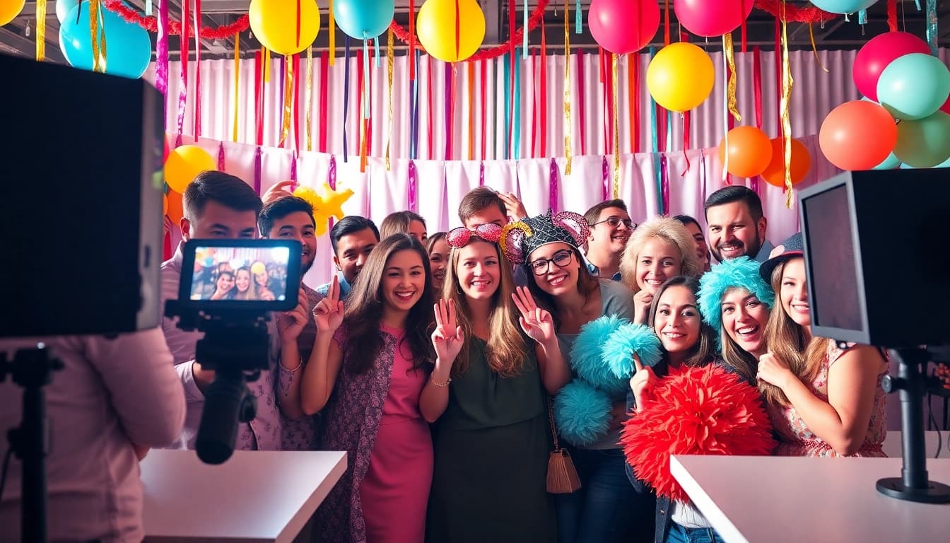 Capture joyful moments at a photo booth rental with vibrant props and happy guests.