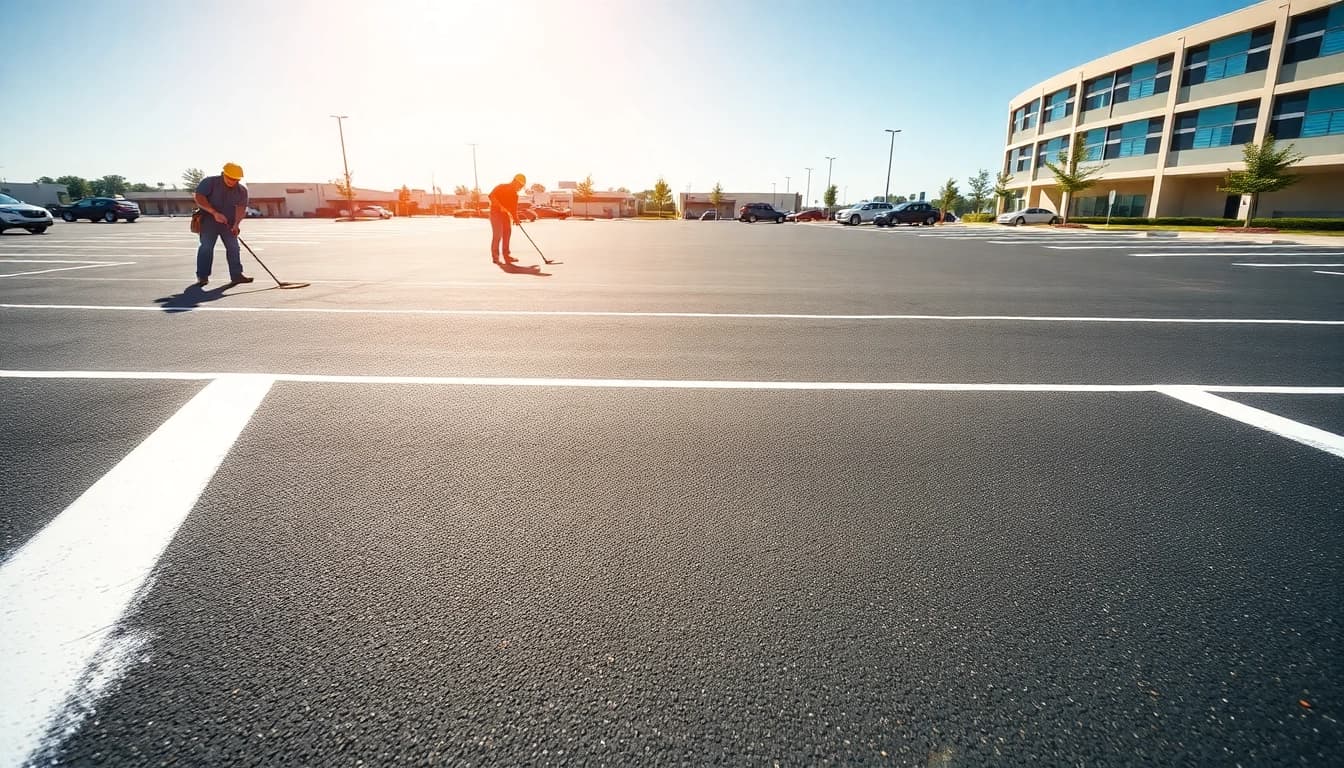 Workers engaged in parking lot line painting near me, showcasing quality and precision in a well-organized space.