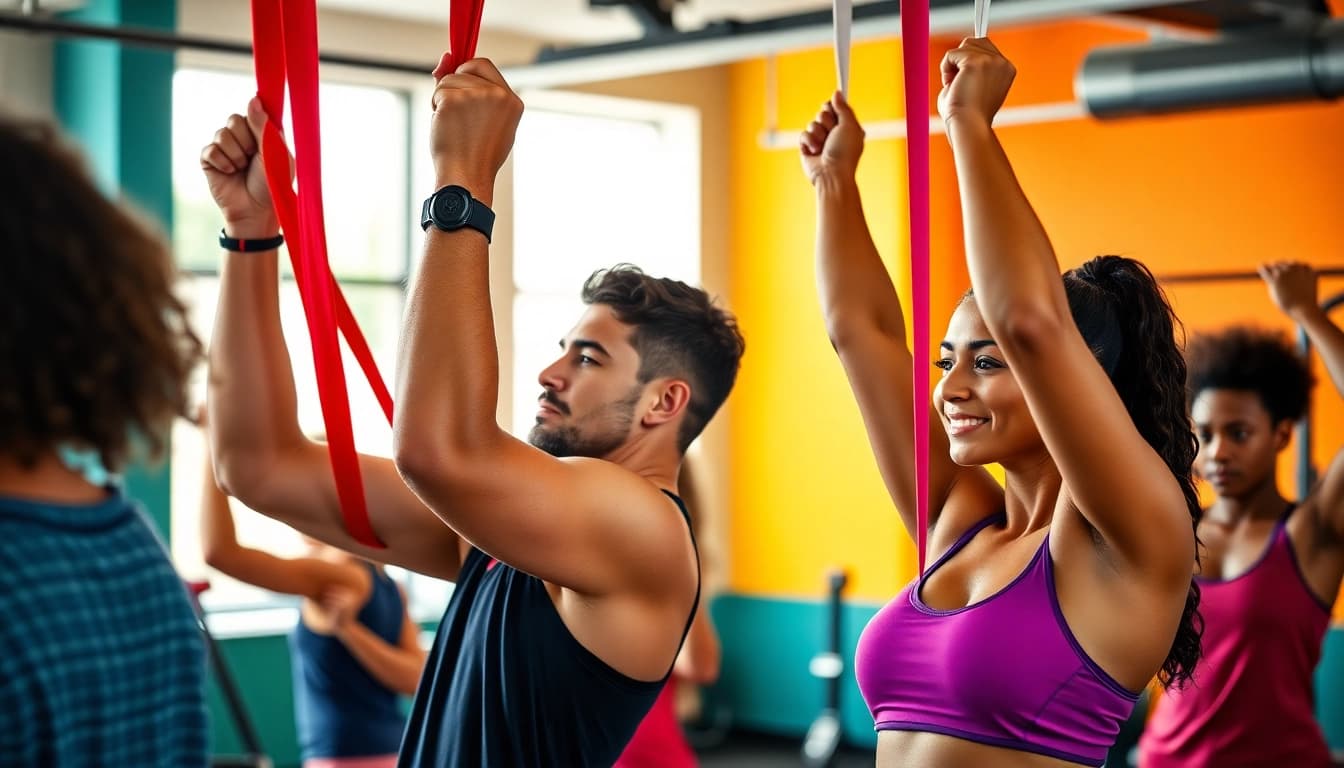 Individuals using pull-up assist bands in an energetic gym setting.