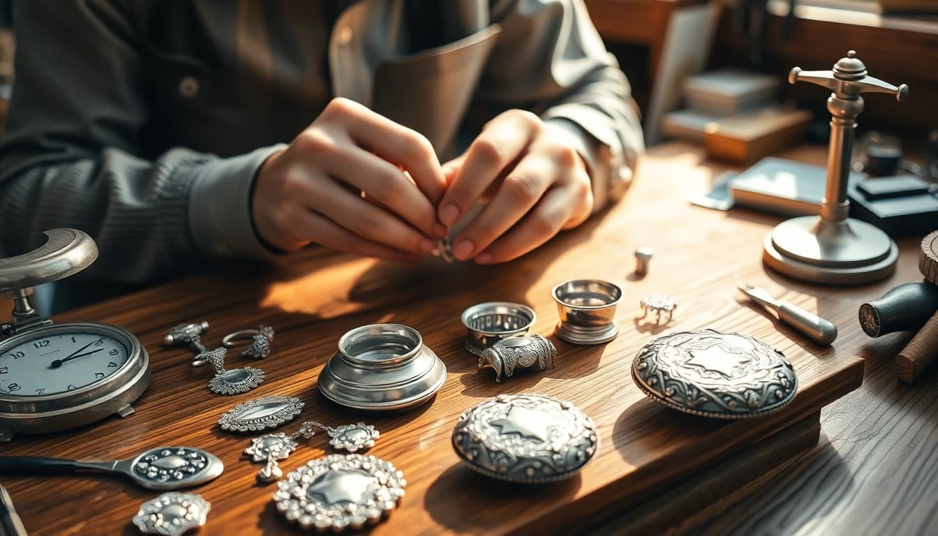 Valutazione esperta di compro argento con attrezzatura professionale e illuminazione calda.