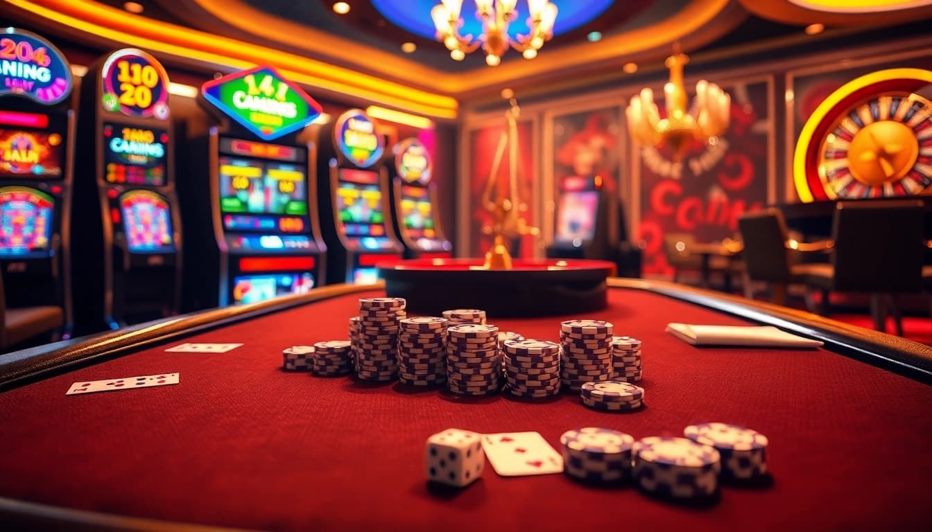 Experience the thrill of רמי אונליין with vibrant casino elements, poker, and slot machines.