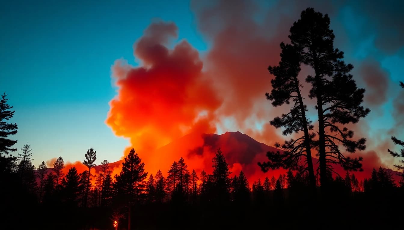 Dynamic scene of wildfire events showing flames and smoke consuming a forest landscape.