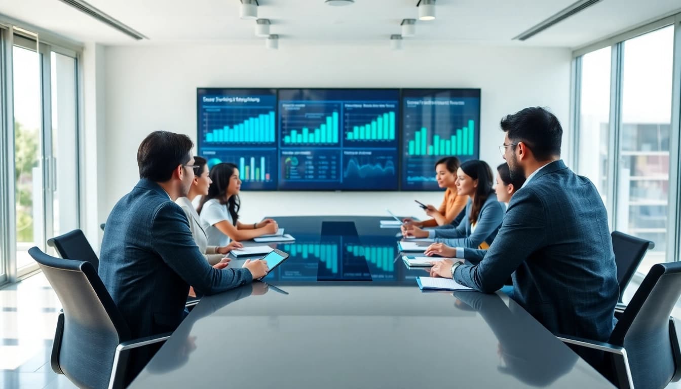 Business meeting with diverse professionals collaborating on strategies in a bright conference room.