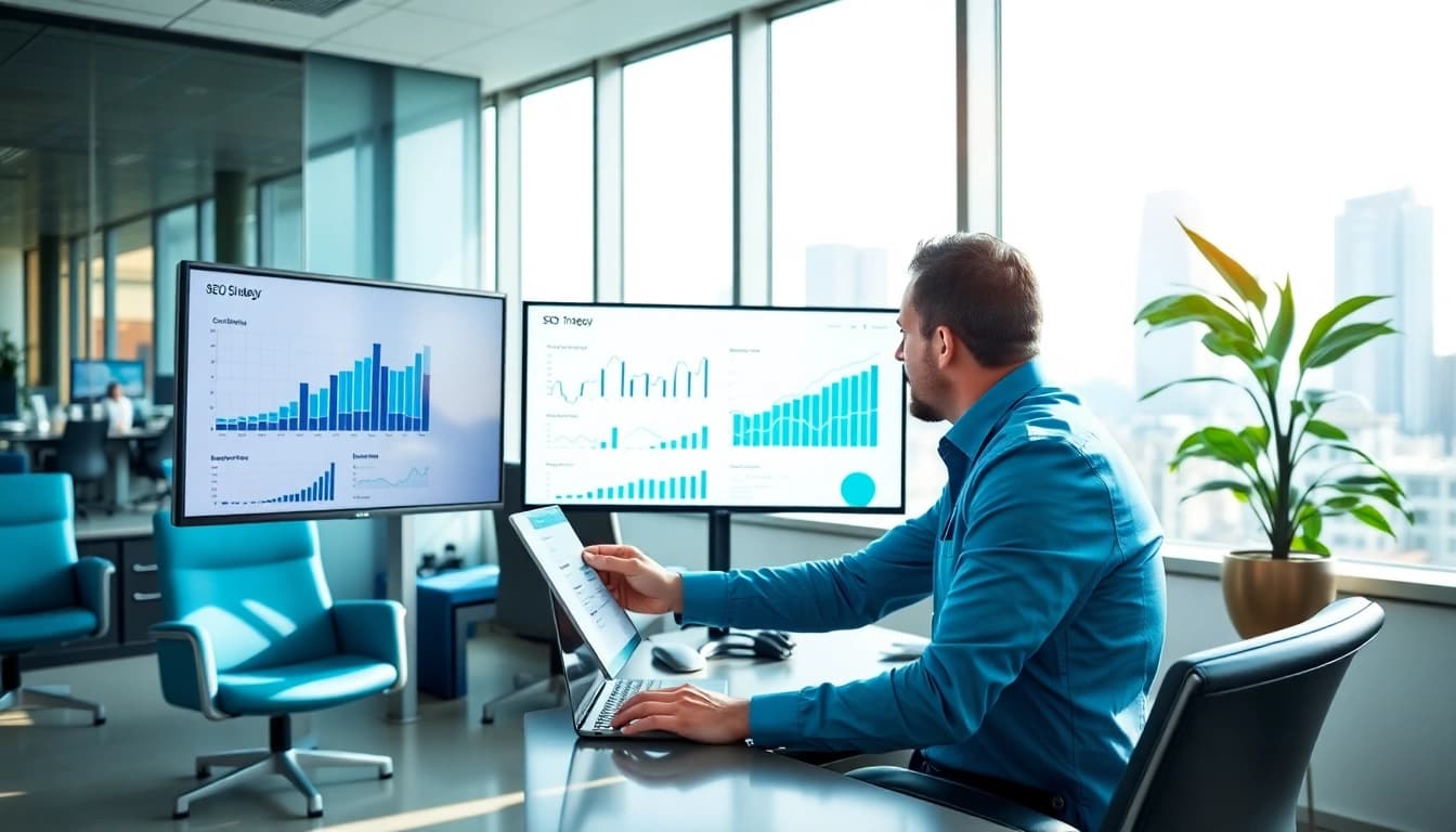 Optimize SEO strategies with a consultant in a modern office focusing on performance analysis.