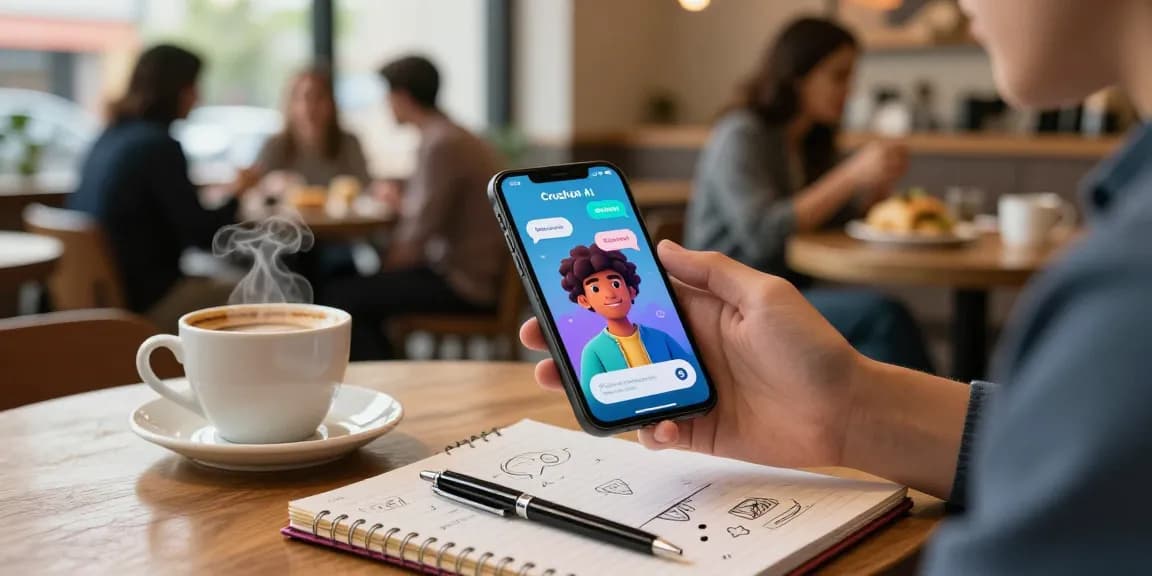 Engaging in Crushon AI chat while enjoying coffee in a cozy café atmosphere.